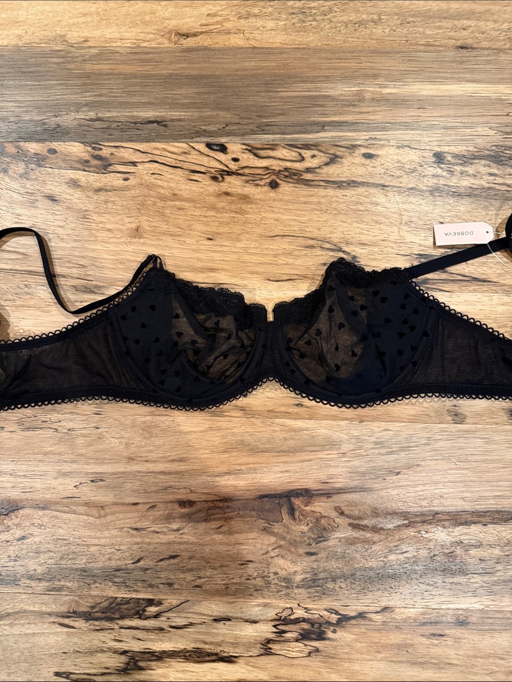 Delicate Black Sheer Heart-Pattern Underwire Bra